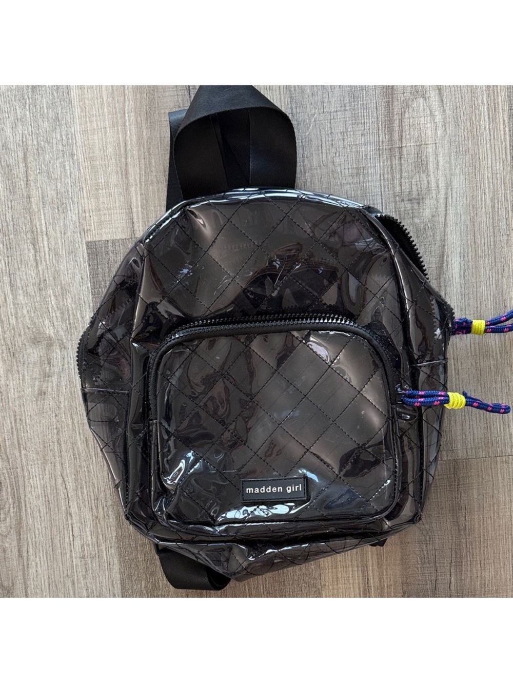 Madden Girl Clear Quilted Patent Mini Backpack in Black Smoke